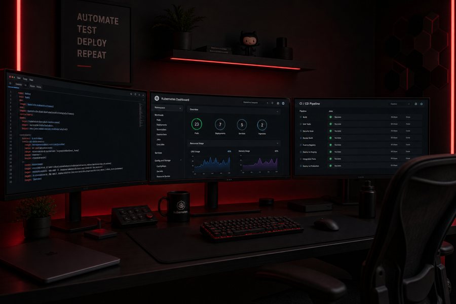 Professional DevOps workspace with multiple monitors and terminals